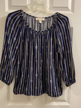 Women's Michael Kors Blouse Medium Navy Gold Chain Knotted Rope Print Wide Neck